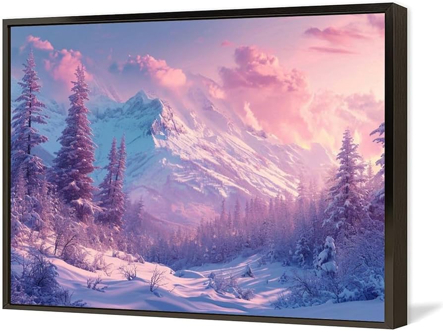 油絵風景雪のある景色山と道◇THREE